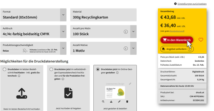 Desktopansicht von der Produktauswahl mit der Ansicht des im Online-Designer erstelltem Design