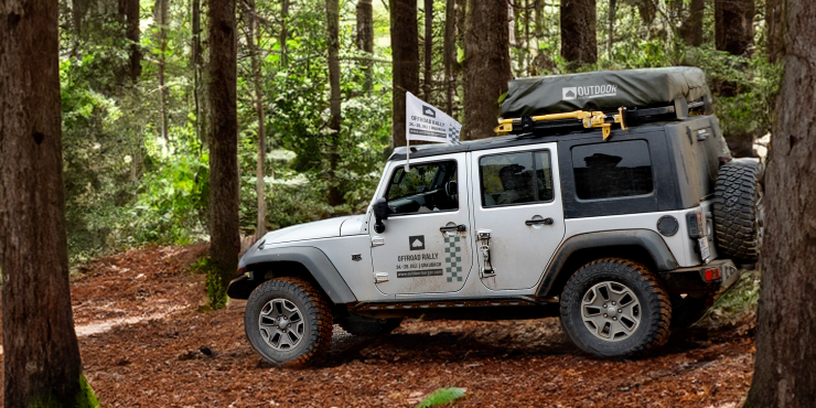Auto im Wald mit bedruckter Autofahne