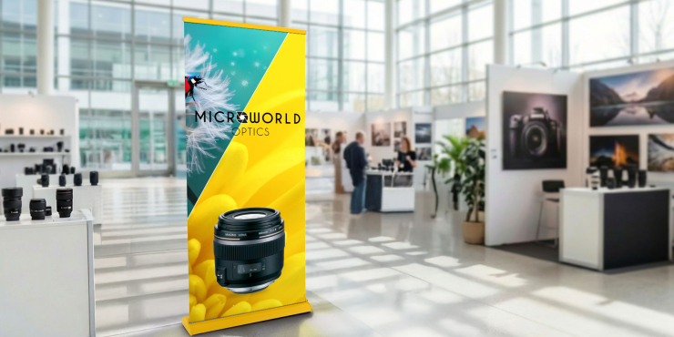 Roll-up mit gelber Kassette und individuellem Design steht bei einem Messestand