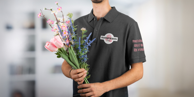 Mann arbeitet in einem Blumengeschäft und hält Blumen in den Händen