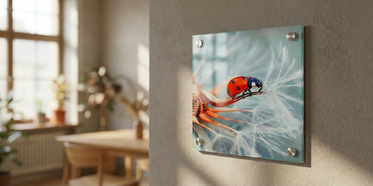 Echtglasschild mit individuellem Motiv auf dem ein Marienkäfer gedruckt ist hängt an einer beigen Wand im Wohnzimmer, auf der linken Seite befindet sich ein Fenster, wo Lichtstrahlen in den Raum gelangen