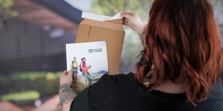 Person verpackt Flyer in einer Versandtasche