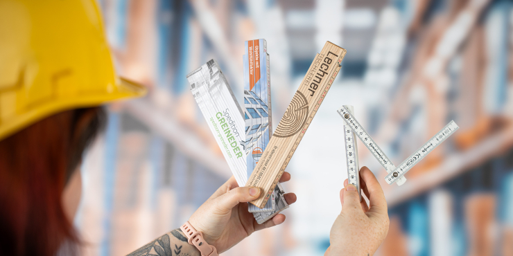 Eine Person mit Bauhelm hält verschiedene Zollstöcke in die Höhe