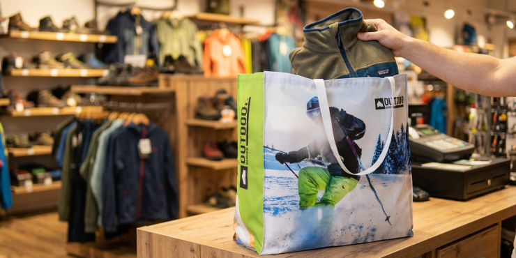 Grosse Tragetasche aus Displaystoff mit Ihrem Design steht auf einer Theke in einem Shop