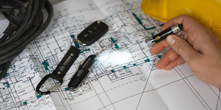 Ein Schlüsselanhänger sowie ein Taschenmesser und eine Taschenlampe liegen auf einem Bauplan