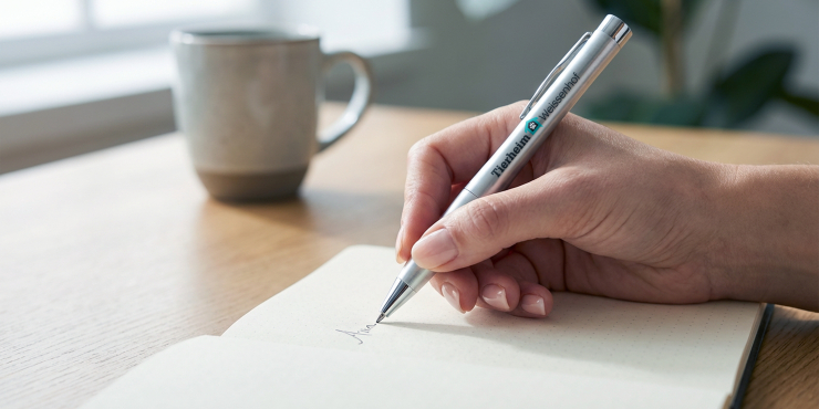 Eine Person hält den Parker Urban Classic Kugelschreiber mit eigenem Design in der Hand und schreibt auf einem leeren Blatt Papier, daneben steht eine weiße Kaffeetasse