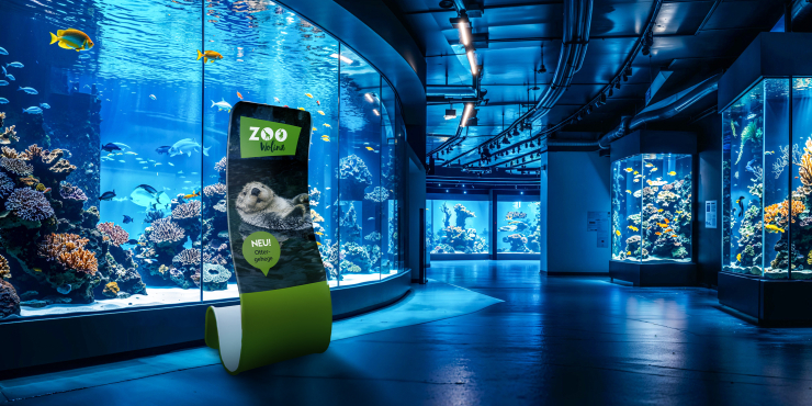 Bedrucktes Zipper Banner Snake vor einem grossen Aquarium