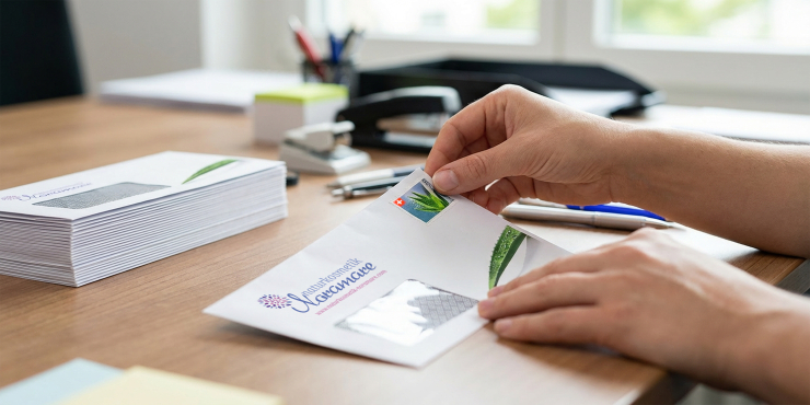 Person legt C5/6-Kuvert mit Branding auf einen Bürotisch