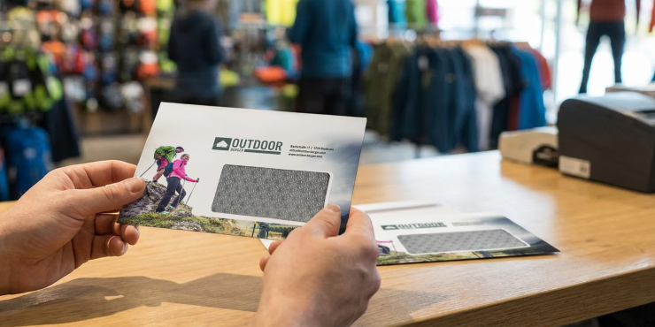 Person hält Couvert im C6-Format mit Fenster im individuellen Design mit beiden Händen in einem Geschäft