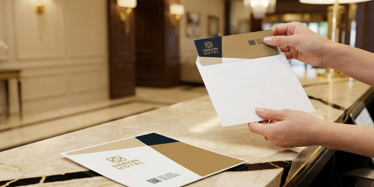 Person zieht einen Brief aus einem quadratischen Couvert mit eigenem Design heraus, während sie bei einer Rezeption eines Hotels steht