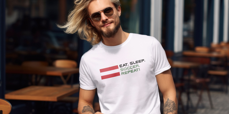 Junger Mann trägt Organic T-Shirt mit aufgedrucktem Spruch