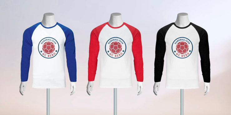 Drei Kleiderpuppen mit basic langarm T-Shirts in unterschiedlichen Farben
