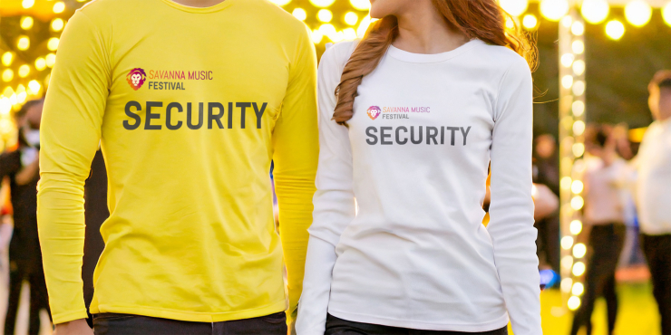 Individuell bedruckte Projob Classic Basic Unisex Langarm Shirts in Gelb und Weiß an Security von Festival
