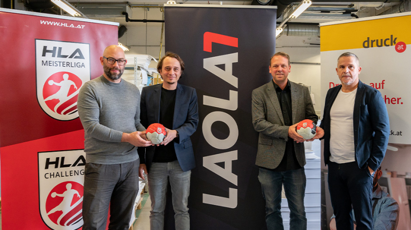 v.l.n.r. Christoph Edelmüller (Geschäftsführer HLA), Gerhard Patek (Geschäftsführer druck.at), Stefan Just (Head of CRM druck.at), Josef Permadinger (Sportsrights &amp; Partnerships Manager LAOLA1)
