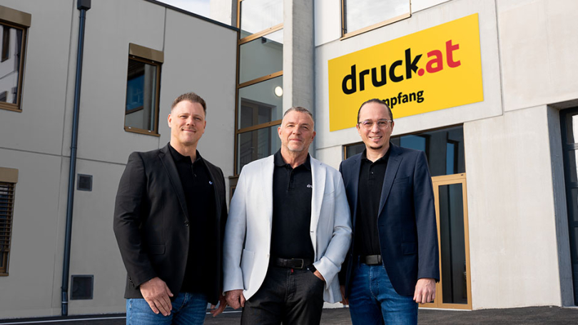 v.l.n.r.: Markus Graf | Geschäftsführer, druck.at; Andreas Mößner | Geschäftsführer, druck.at; Gerhard Patek | Geschäftsführer, druck.at
